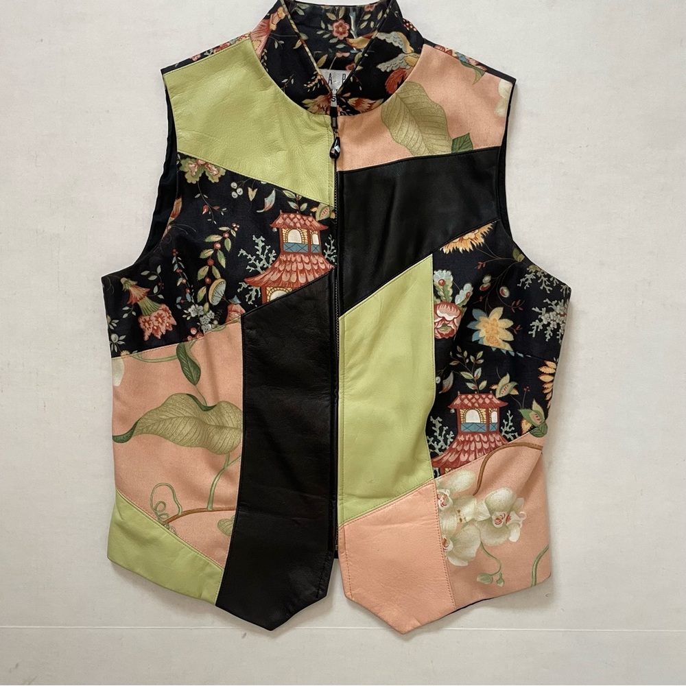 Vintage Tapp New York Leather Patchwork Vest Sz Small, Floral Pink Green 90s Y2K